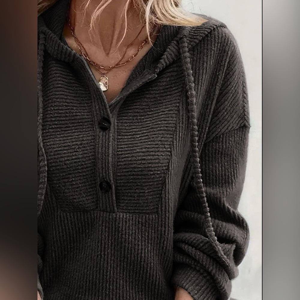 Button-Front Drawstring Hoodie - Picture 12 of 12